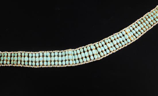 An Indian gold, seed pearl and turquoise choker necklace, 13.25in.